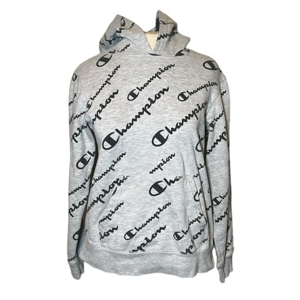 Champion hoodie gray with all over champion logo, boys size large